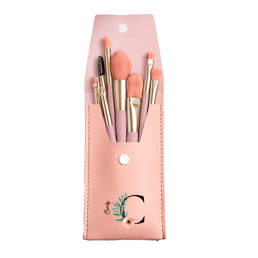Personalized Birth Flower Leather Makeup Brush Bag with 8 Pcs Makeup Brushes Birthday Gift for Her