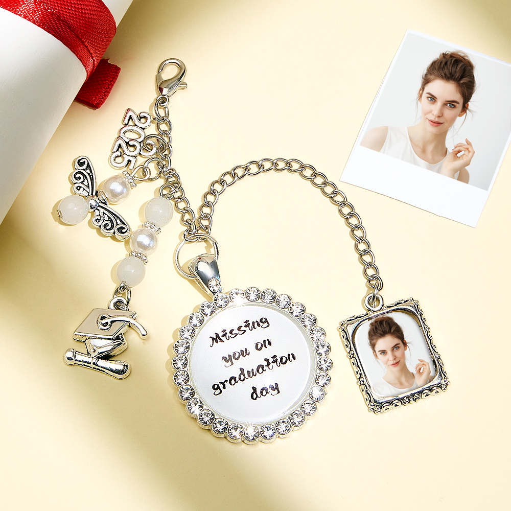 Custom Graduation Cap Tassel Memorial Photo Charm Rhinestone Personalize Missing You Pendant Silver Memory Picture Frame - soufeelmy