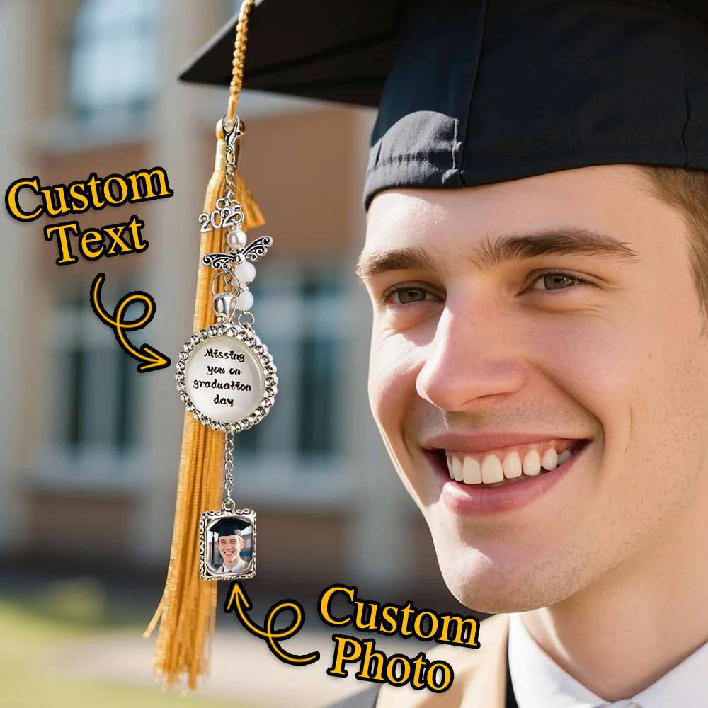 Custom Graduation Cap Tassel Memorial Photo Charm Rhinestone Personalize Missing You Pendant Silver Memory Picture Frame - soufeelmy