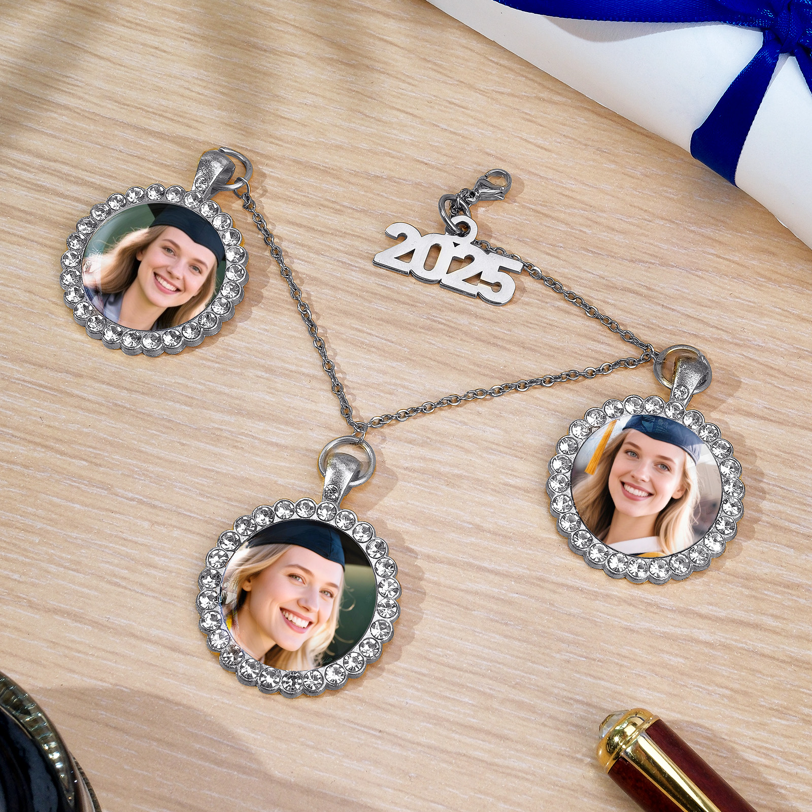 Custom Graduation Tassel Photo Charm Rhinestone Round Charm Graduation Gift - soufeelmy