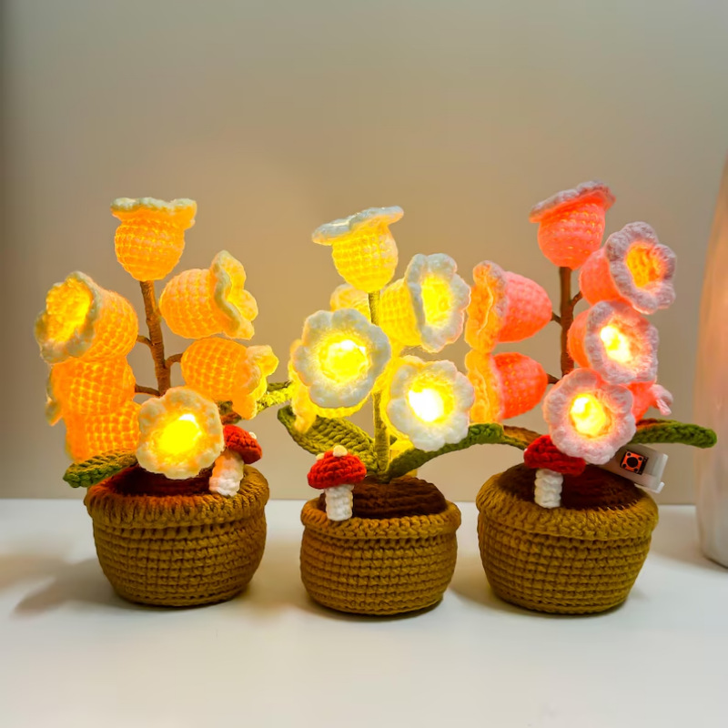 LED Light Crocheted Lily of the Valley - Glowing Potted Knit Flower Home Ambiance Decor - soufeelmy