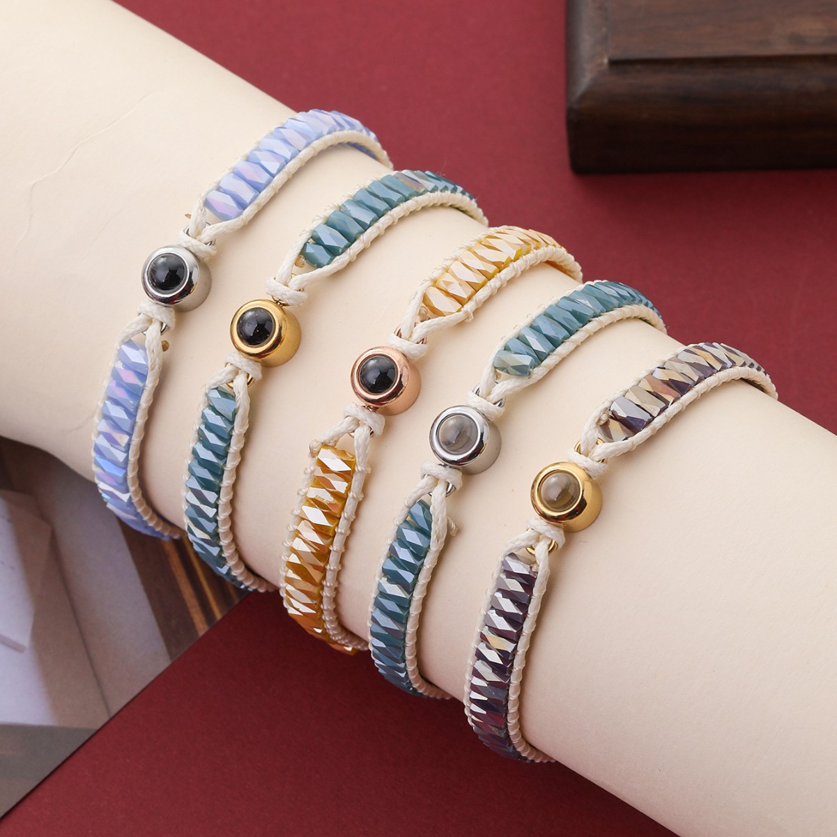 Personalized Photo Bracelet Sparkling Crystal Beads Adjustable Braided Cord Custom Gift - soufeelmy