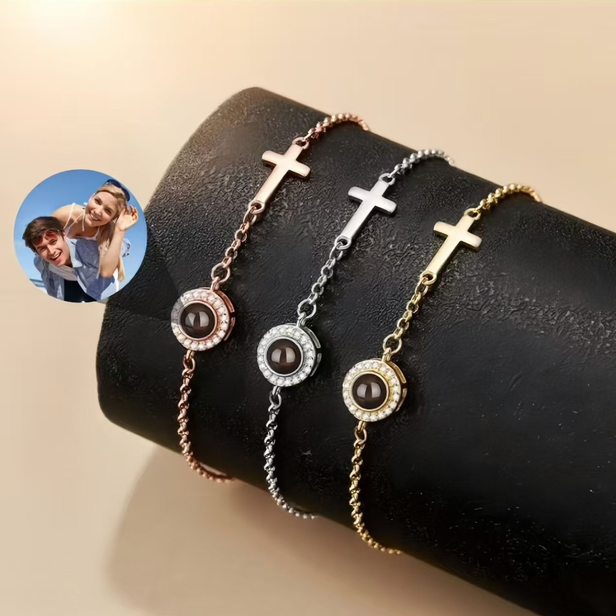 Personalized Photo Projection Bracelet with Cross, Custom Religious Jewelry, Christian Memorial Gift for Her - soufeelmy