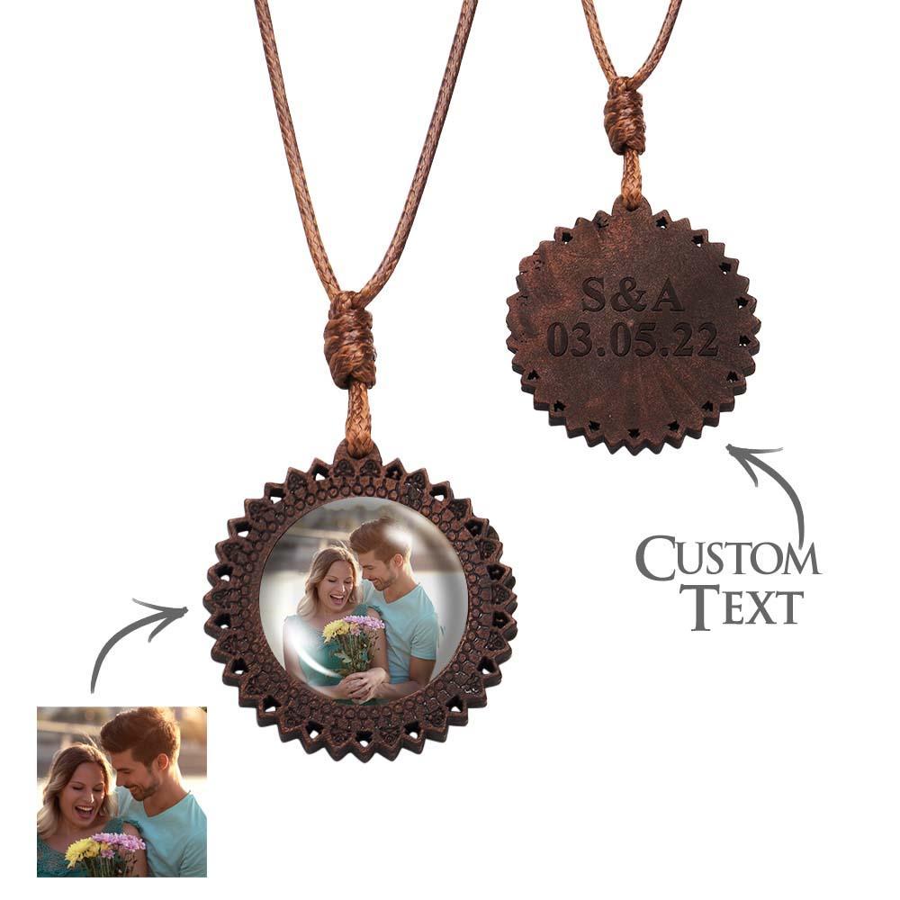 Personalized Photo Necklace Valentine's Gifts for Him Wood Pendant Engraved Custom Name Round Pendant - soufeelmy