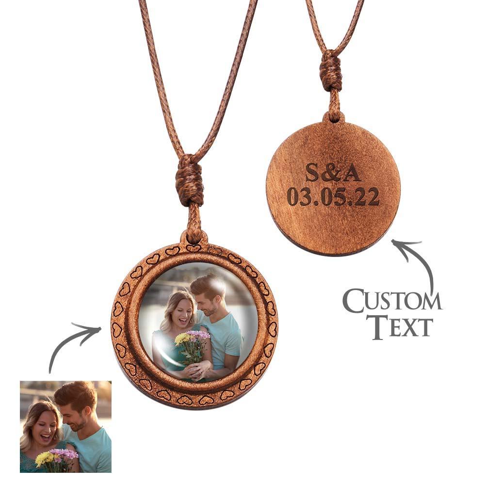 Personalized Photo Necklace Valentine's Gifts for Him Wood Pendant Engraved Custom Name Round Pendant - soufeelmy