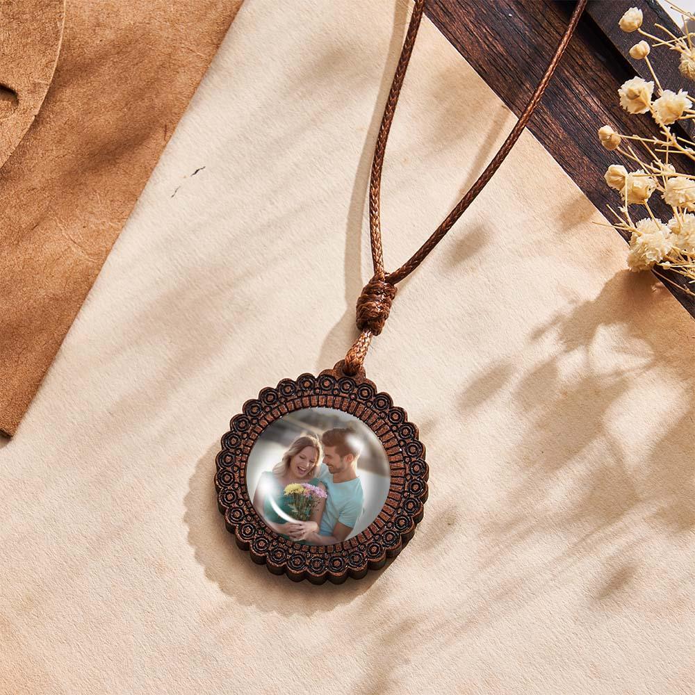 Personalized Photo Necklace Gifts for Him Wood Pendant Custom Name Engraved Round Pendant - soufeelmy