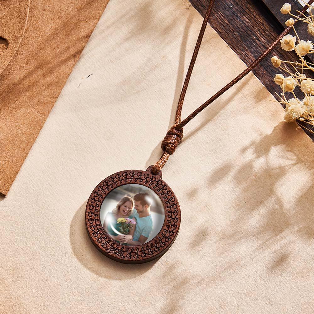 Personalized Photo Necklace Gifts for Him Wood Pendant Custom Name Engraved Round Pendant - soufeelmy