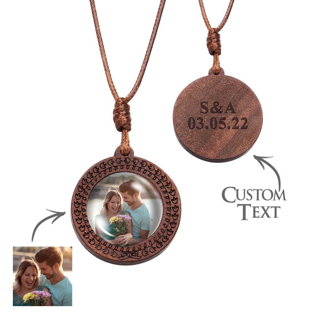 Custom Photo Necklace Valentine's Gifts for Her Wood Pendant Engraved Name Personalized Round Pendant - soufeelmy