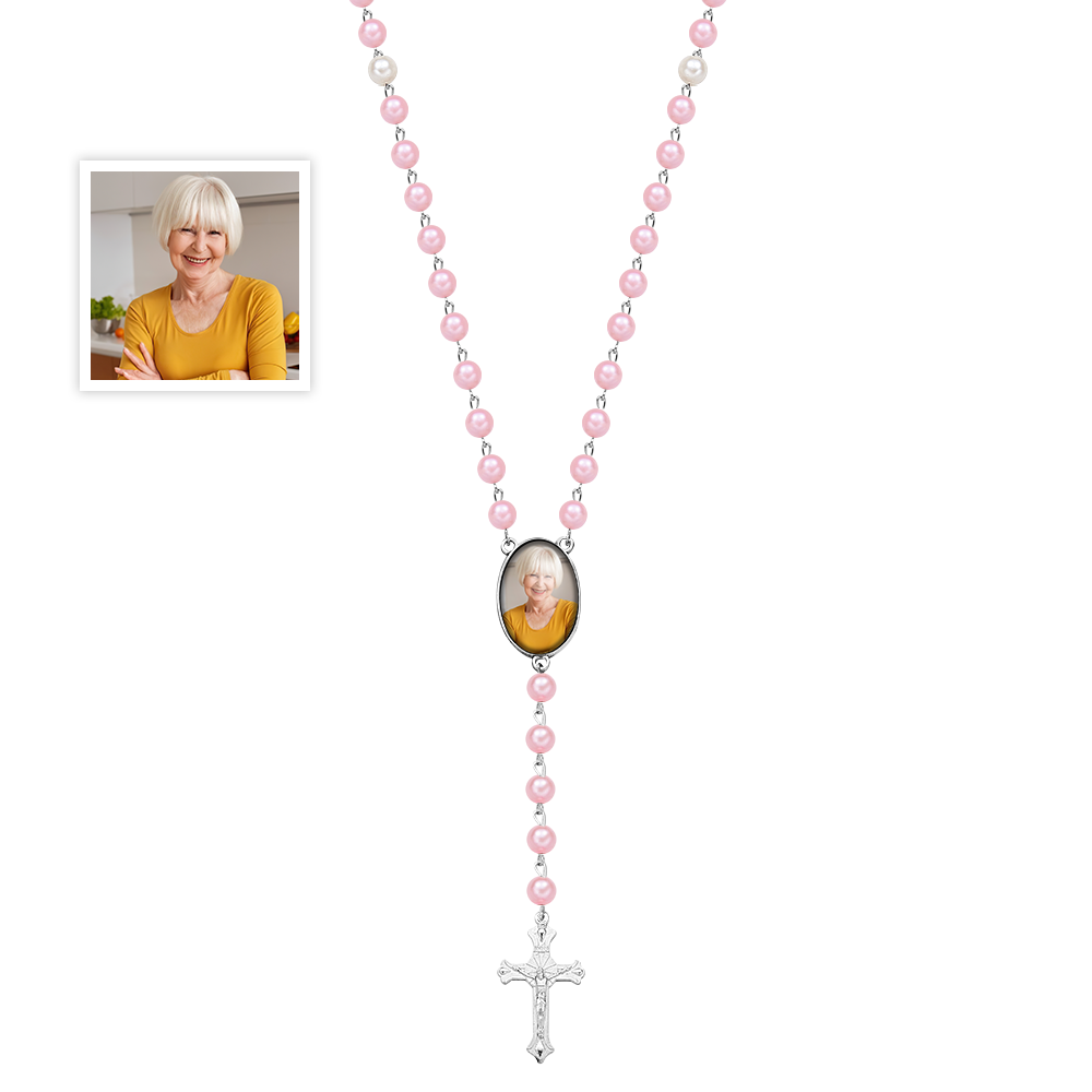 Custom Rosary Beads Cross Multi-Color Necklace Personalized Necklace with Photo Memorial Gift for Women