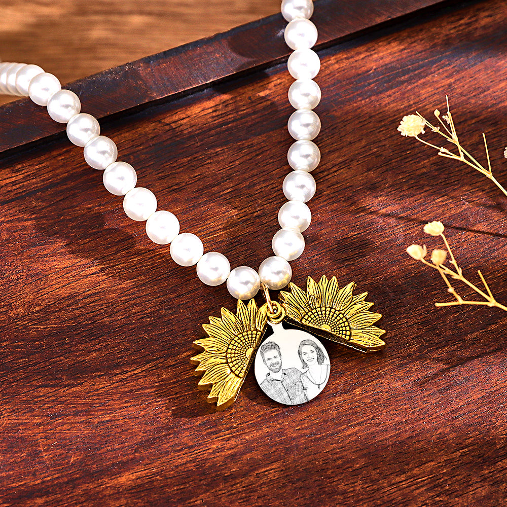 Custom Photo Necklace Vintage Flower Pearl Love Gift - soufeelmy