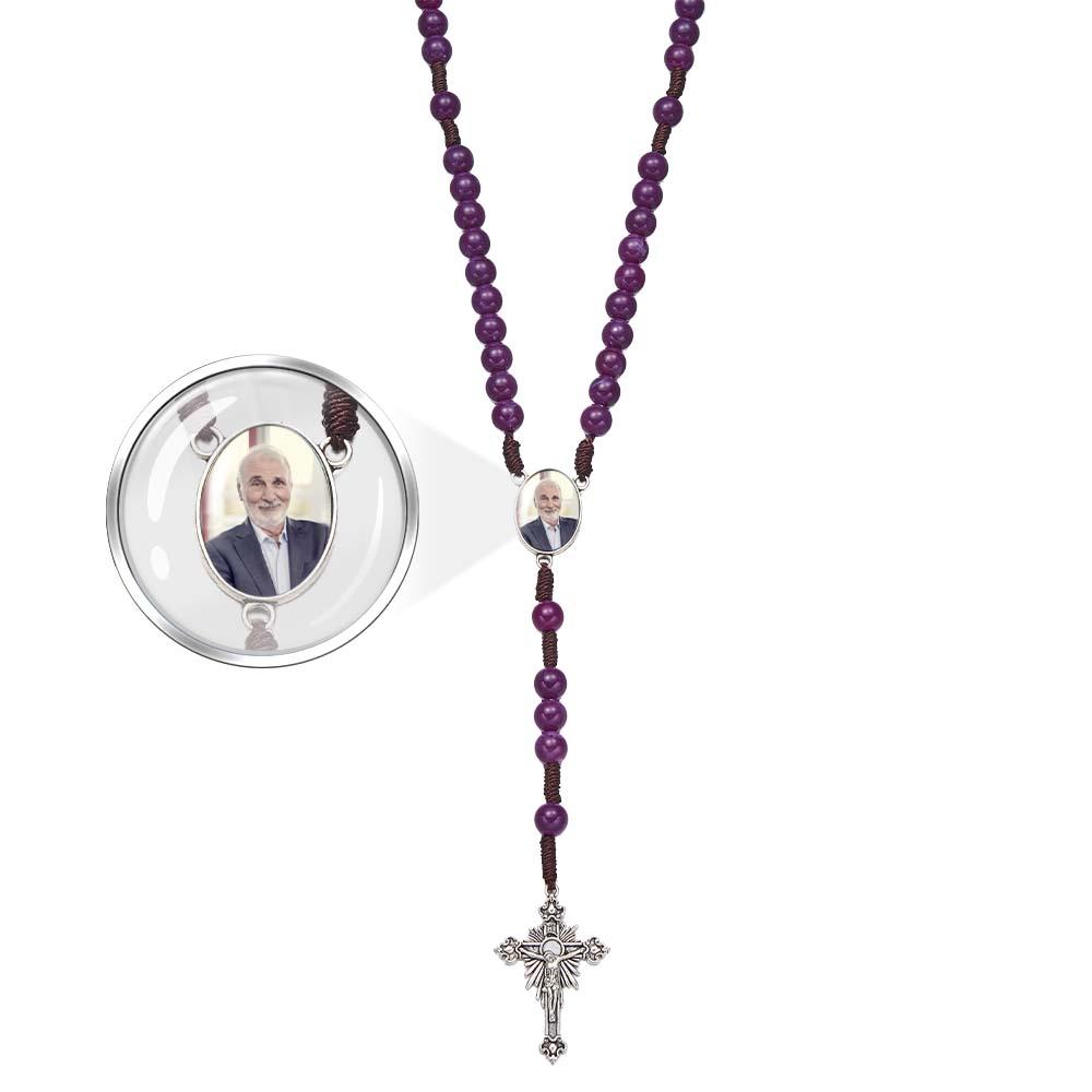 Custom Rosary Beads Cross Necklace Personalized Handmade Purple Necklace with Photo - soufeelmy