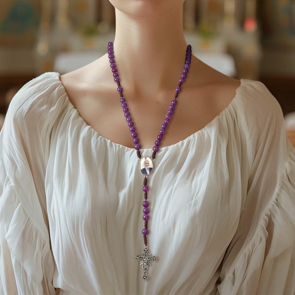 Custom Rosary Beads Cross Necklace Personalized Handmade Purple Necklace with Photo - soufeelmy