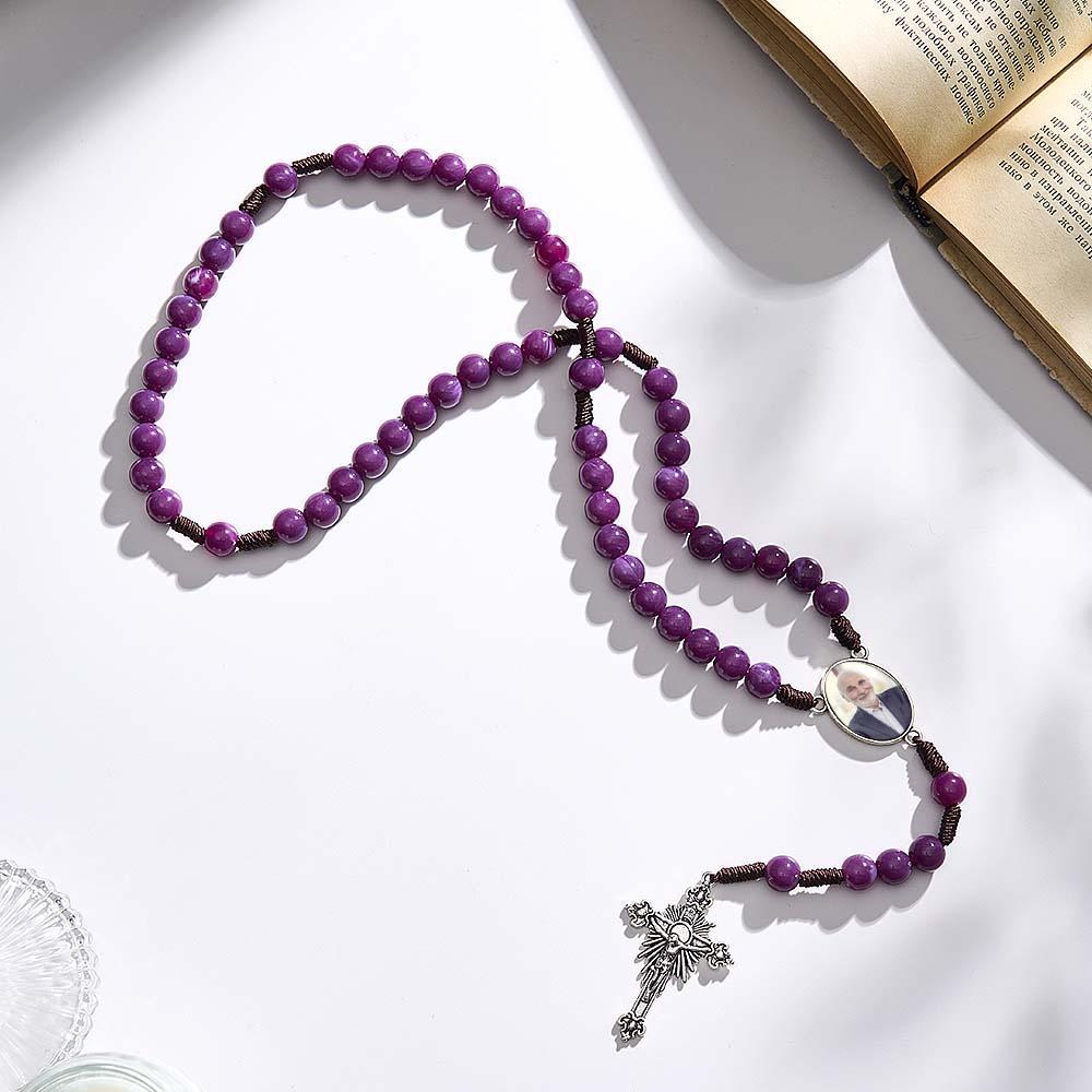 Custom Rosary Beads Cross Necklace Personalized Handmade Purple Necklace with Photo - soufeelmy