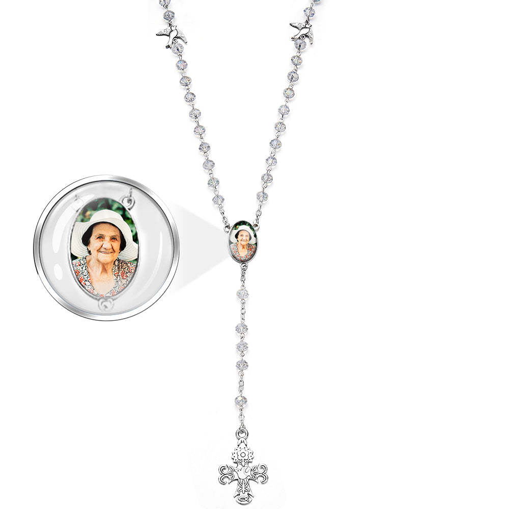 Custom Rosary Beads Cross Necklace Personalized White Stained Glass Crystal Cross Necklace with Photo - soufeelmy