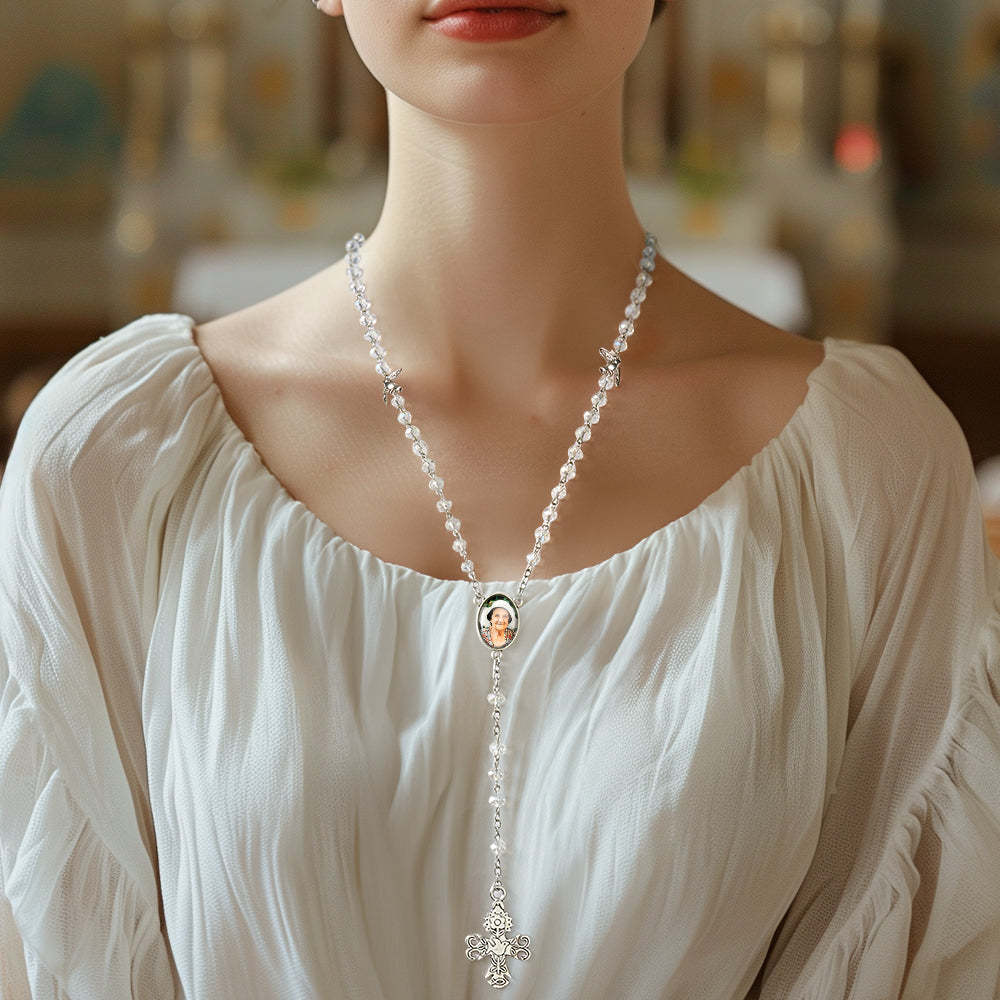 Custom Rosary Beads Cross Necklace Personalized White Stained Glass Crystal Cross Necklace with Photo - soufeelmy