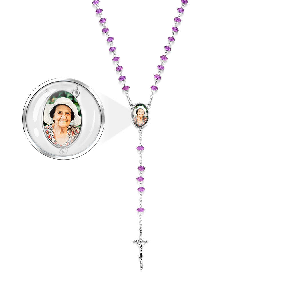 Custom Rosary Beads Cross Necklace Personalized Purple Flat Beads Necklace with Photo - soufeelmy