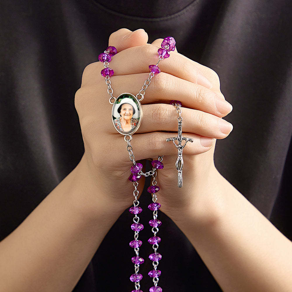 Custom Rosary Beads Cross Necklace Personalized Purple Flat Beads Necklace with Photo - soufeelmy