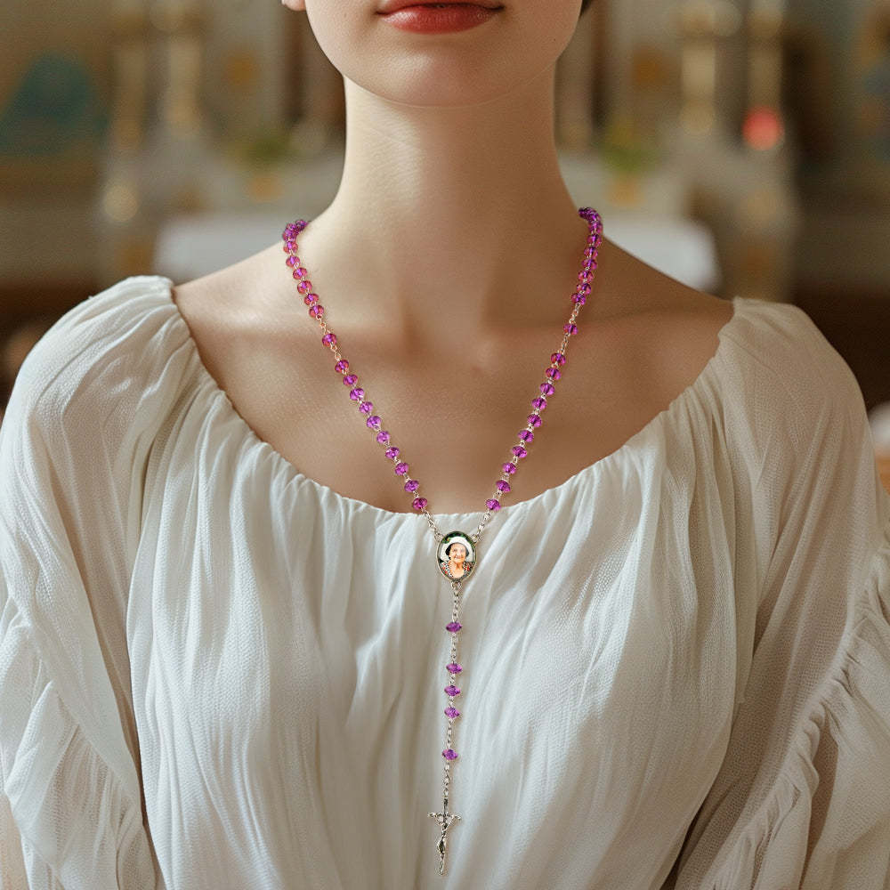 Custom Rosary Beads Cross Necklace Personalized Purple Flat Beads Necklace with Photo - soufeelmy