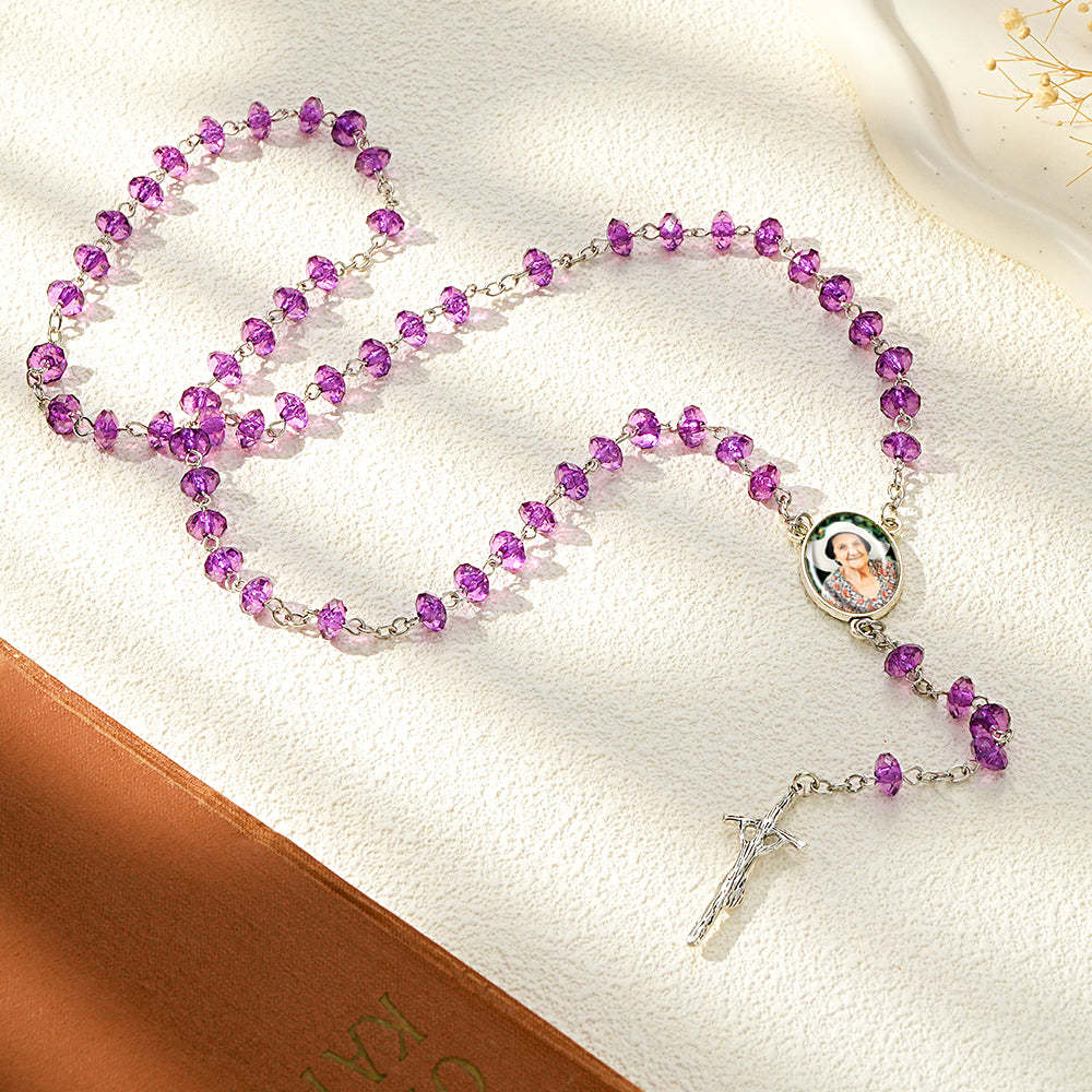 Custom Rosary Beads Cross Necklace Personalized Purple Flat Beads Necklace with Photo - soufeelmy