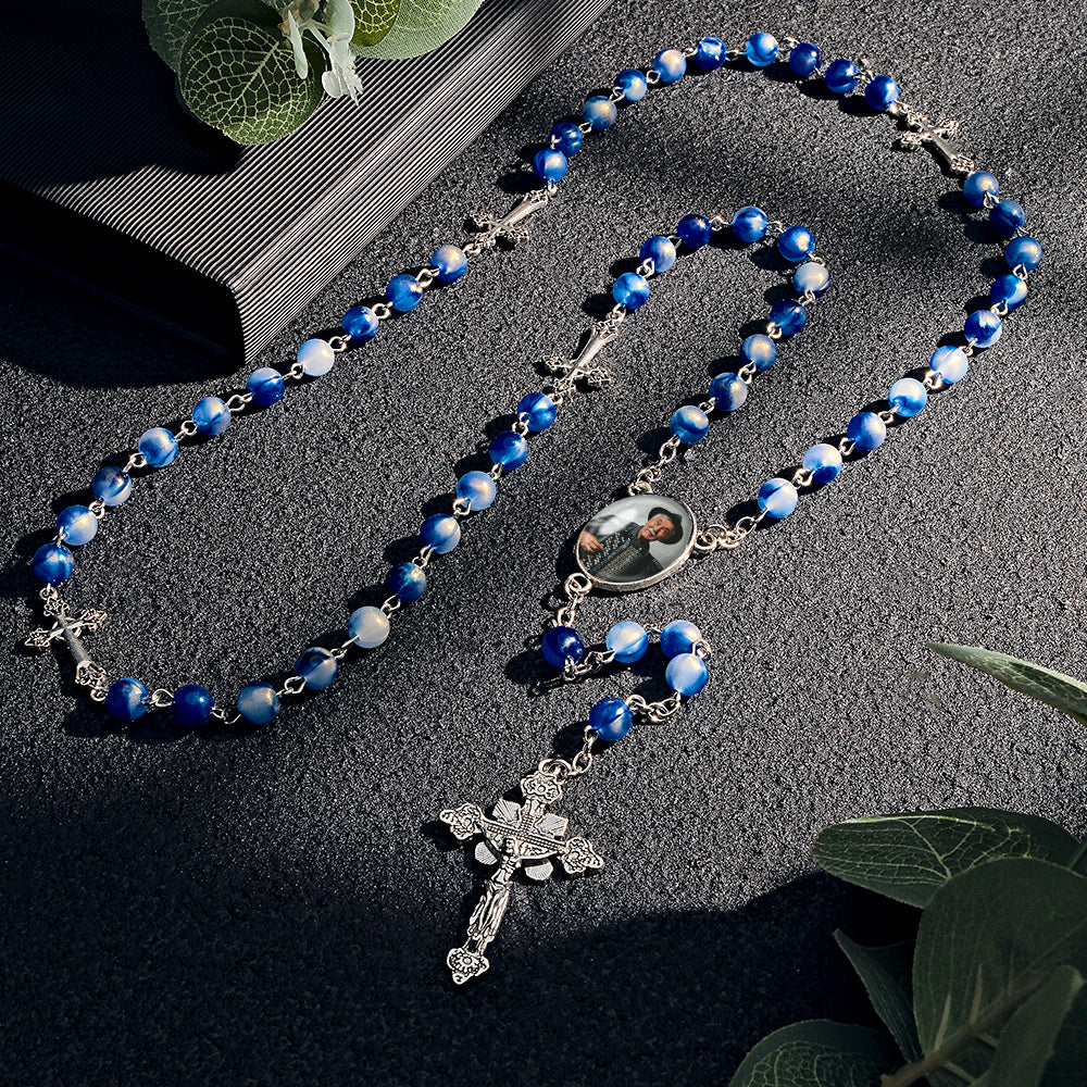 Custom Rosary Beads Cross Necklace Personalized Blue Acrylic Beads Necklace with Photo - soufeelmy