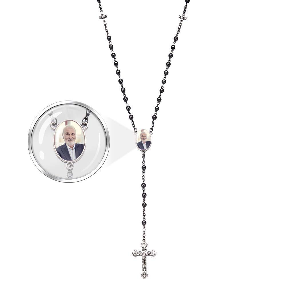 Custom Rosary Beads Cross Necklace Personalized Black Gallstone Cross Necklace with Photo - soufeelmy