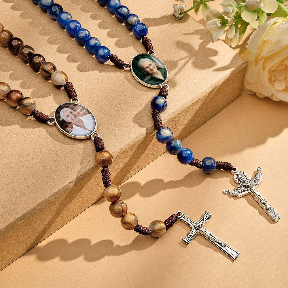 Custom Rosary Beads Cross Necklace Personalized Imitation Agate Beads Hand Woven Necklace with Photo - soufeelmy