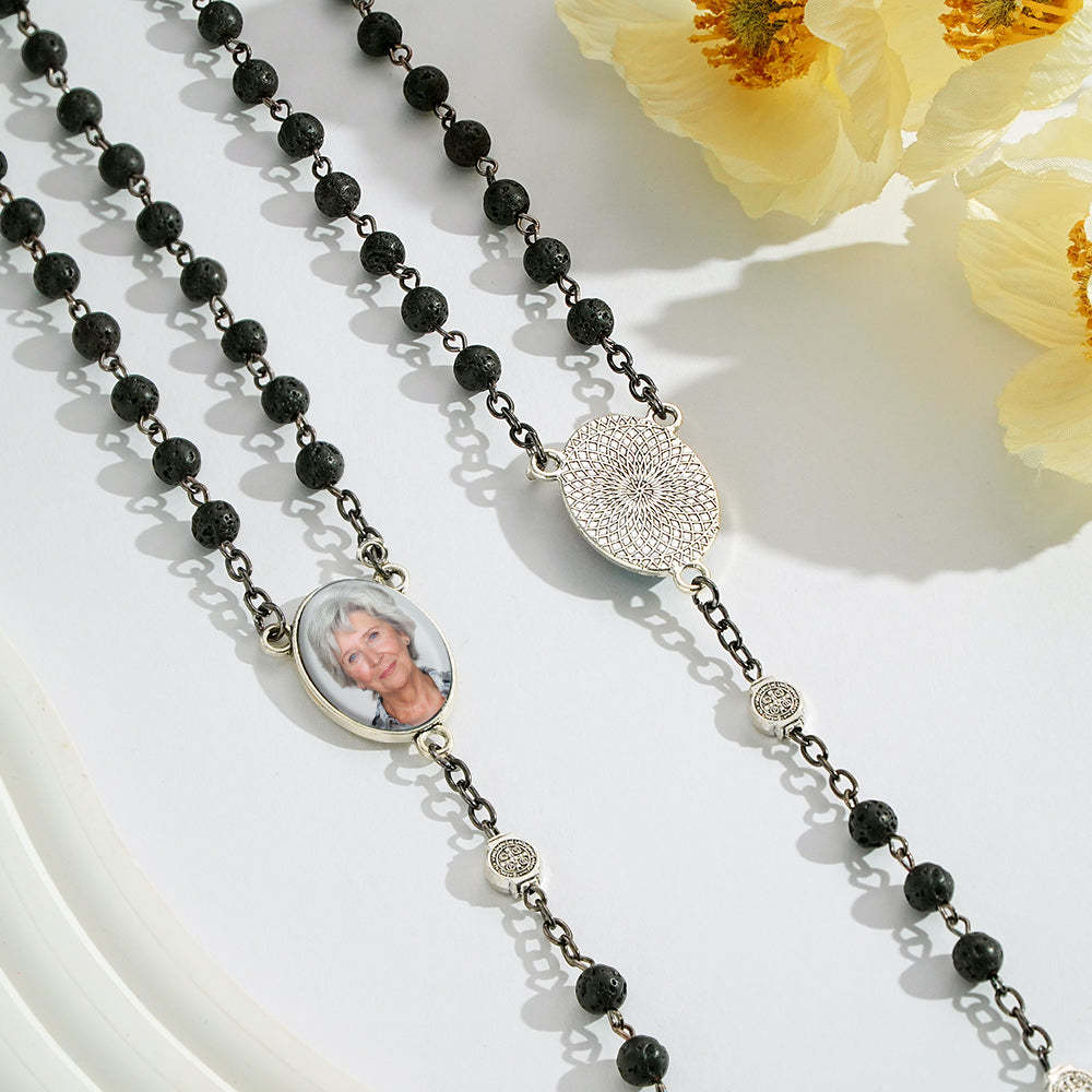 Custom Rosary Beads Cross Necklace Personalized Volcanic Stone Necklace with Photo - soufeelmy