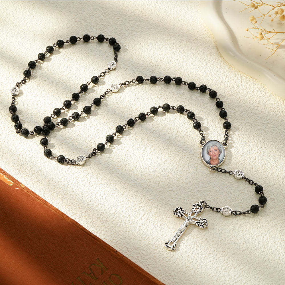 Custom Rosary Beads Cross Necklace Personalized Volcanic Stone Necklace with Photo - soufeelmy