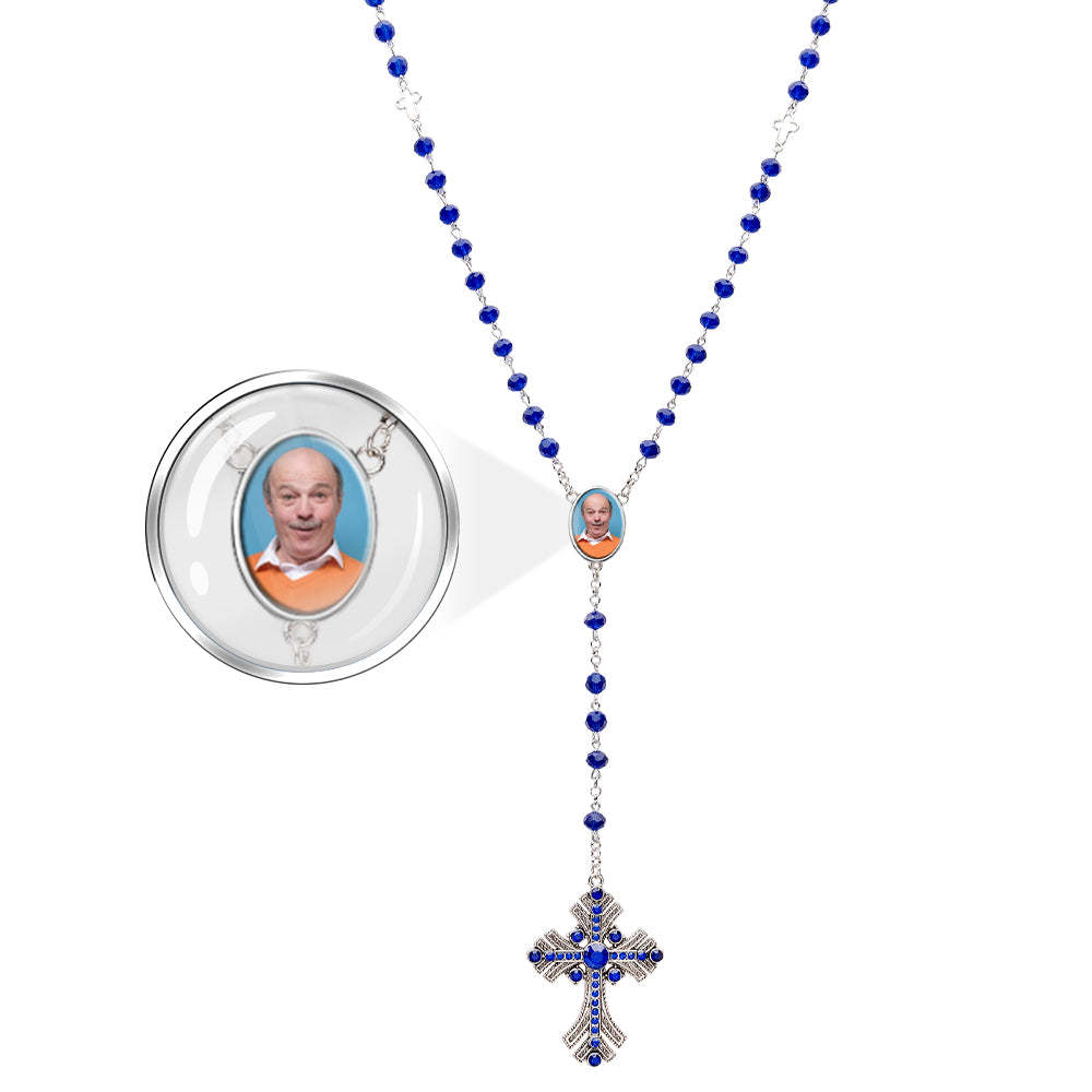 Custom Rosary Beads Cross Necklace Personalized Goth Blue Beads Necklace with Photo - soufeelmy