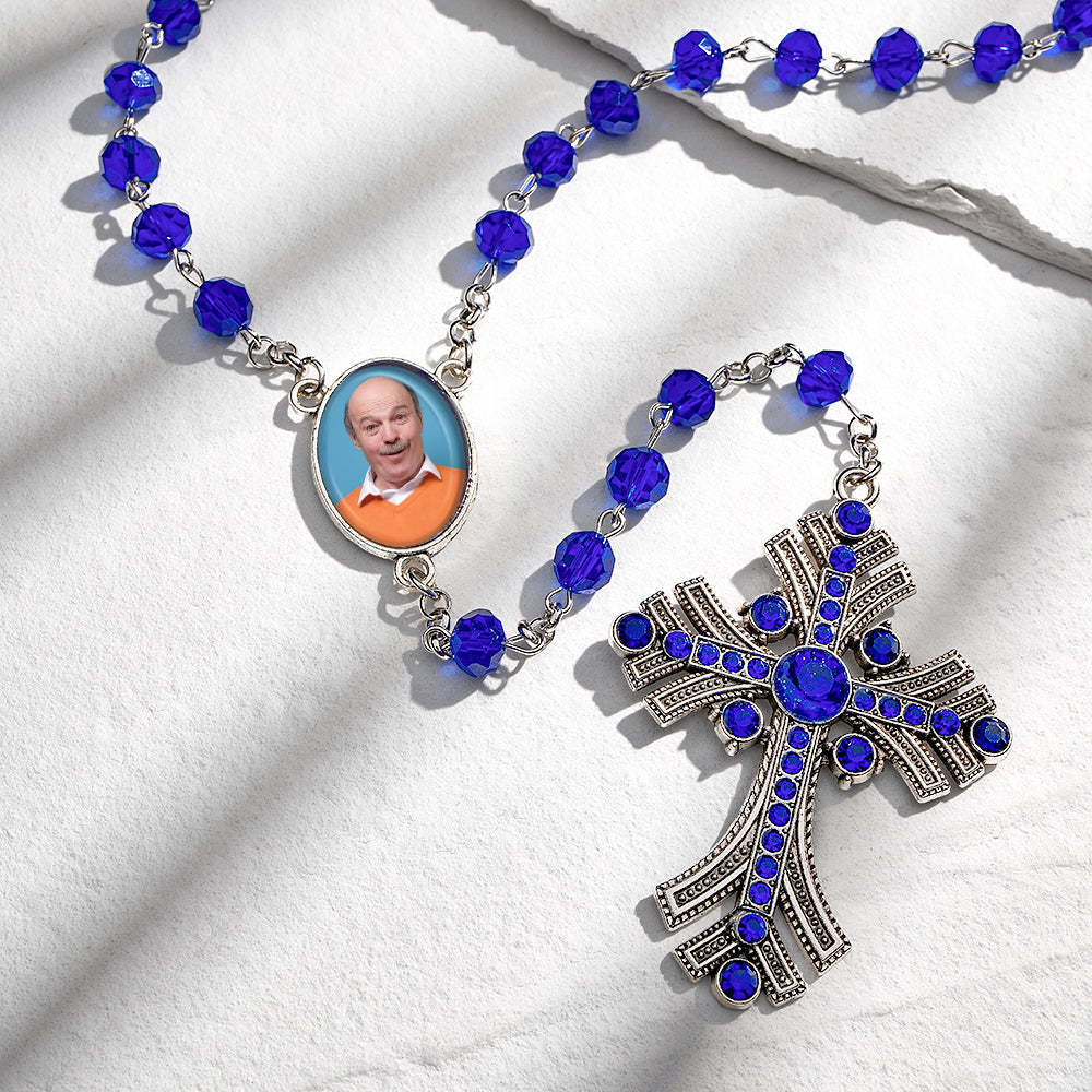 Custom Rosary Beads Cross Necklace Personalized Goth Blue Beads Necklace with Photo - soufeelmy