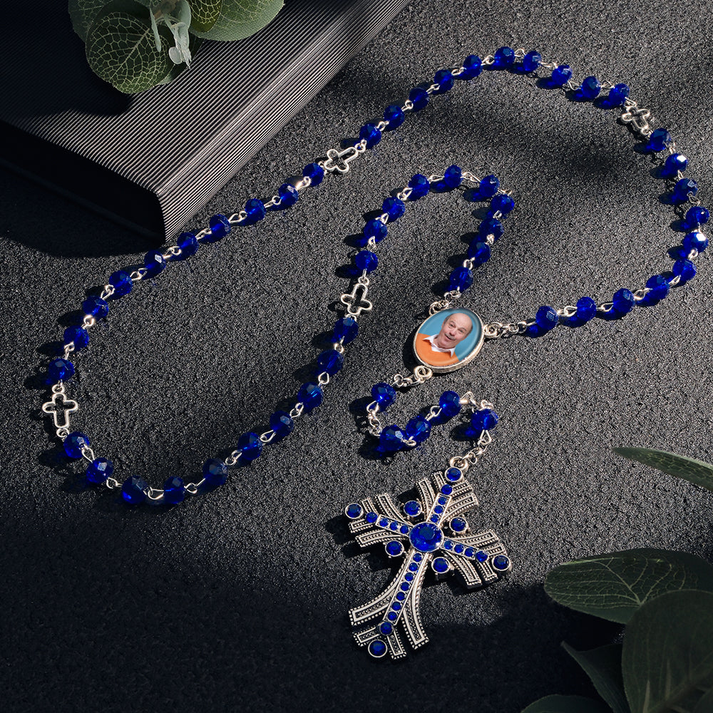 Custom Rosary Beads Cross Necklace Personalized Goth Blue Beads Necklace with Photo - soufeelmy