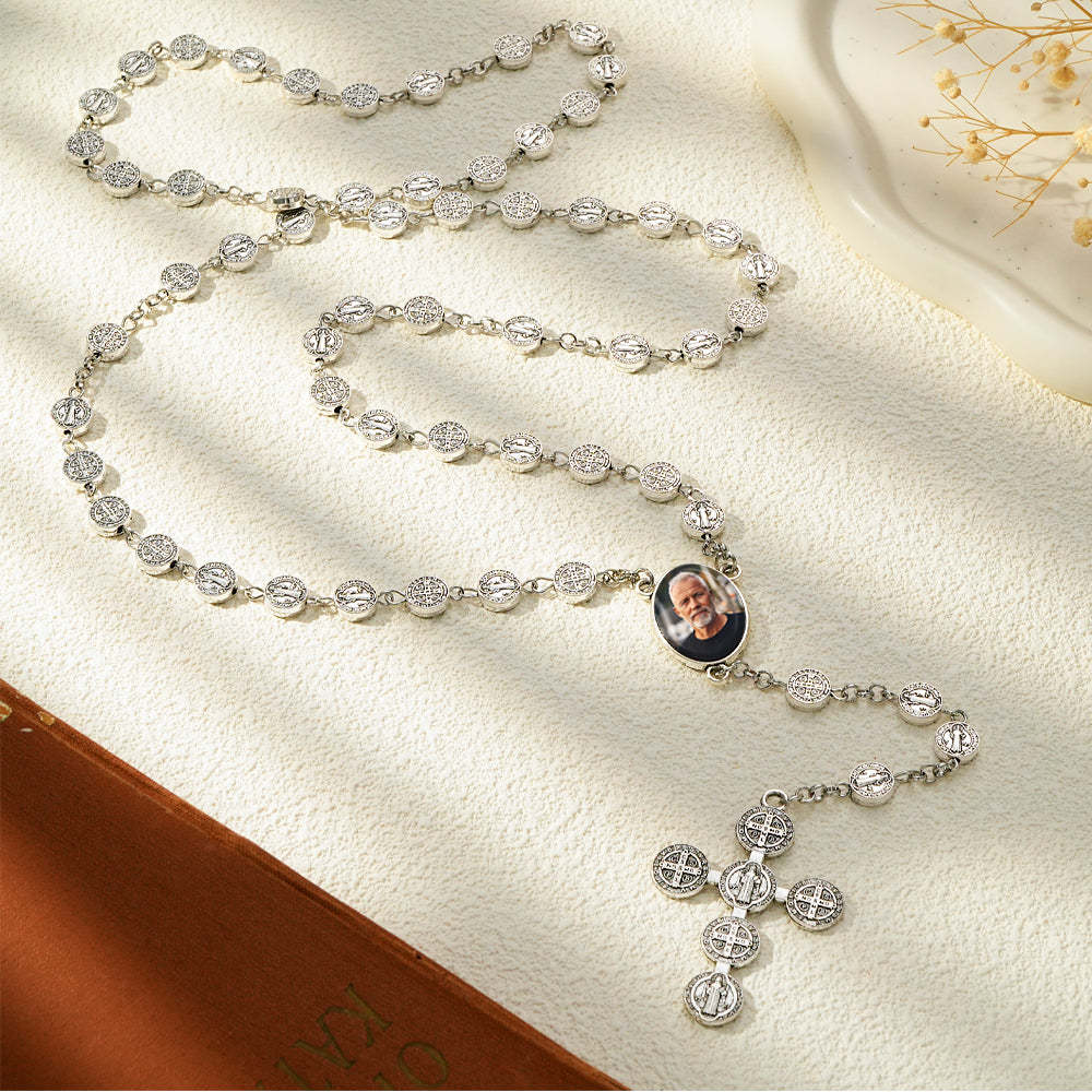 Custom Rosary Beads Cross Necklace Personalized Vintage Alloy Beads Necklace with Photo - soufeelmy