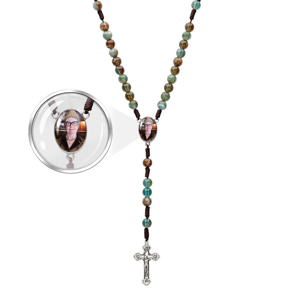 Custom Rosary Beads Cross Necklace Personalized Imitation Agate Round Beads Necklace with Photo - soufeelmy