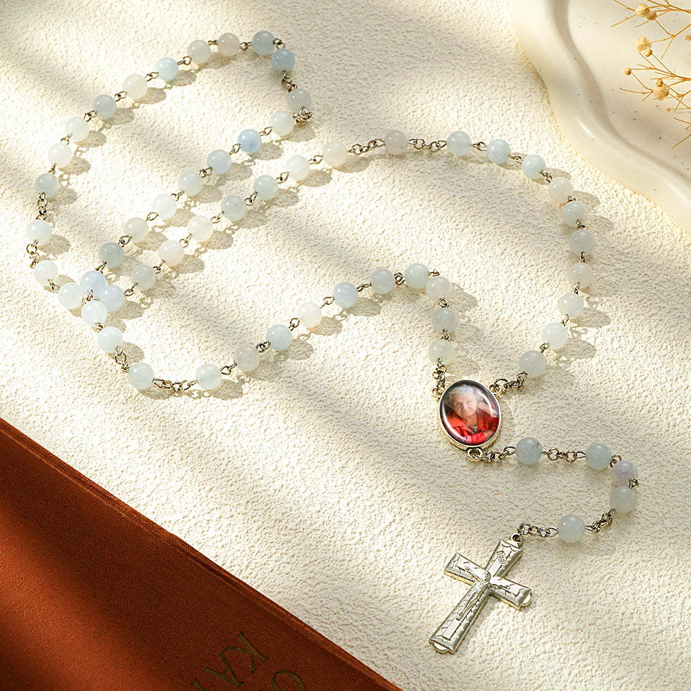 Custom Rosary Beads Cross Necklace Personalized Aquamarine Chalcedony Beads Necklace with Photo - soufeelmy