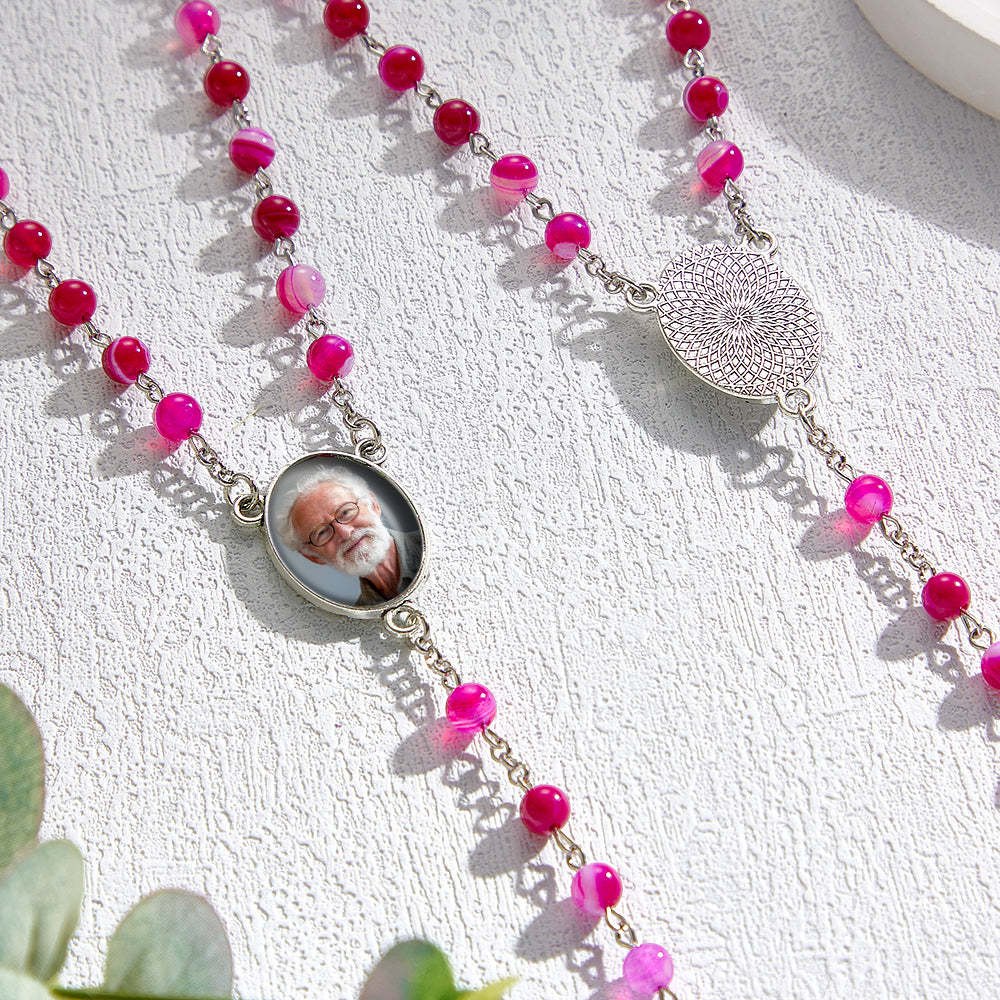 Custom Rosary Beads Cross Necklace Personalized Purple Agate Beads Necklace with Photo - soufeelmy