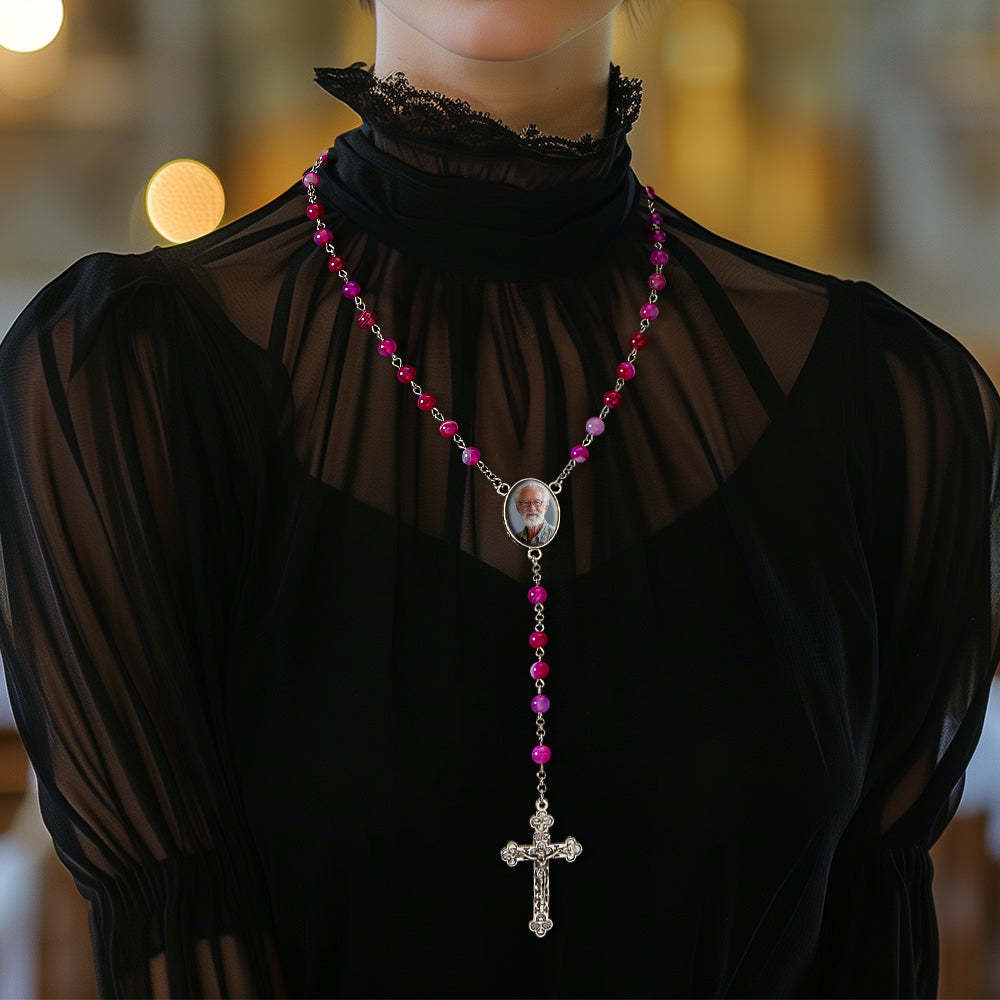 Custom Rosary Beads Cross Necklace Personalized Purple Agate Beads Necklace with Photo - soufeelmy