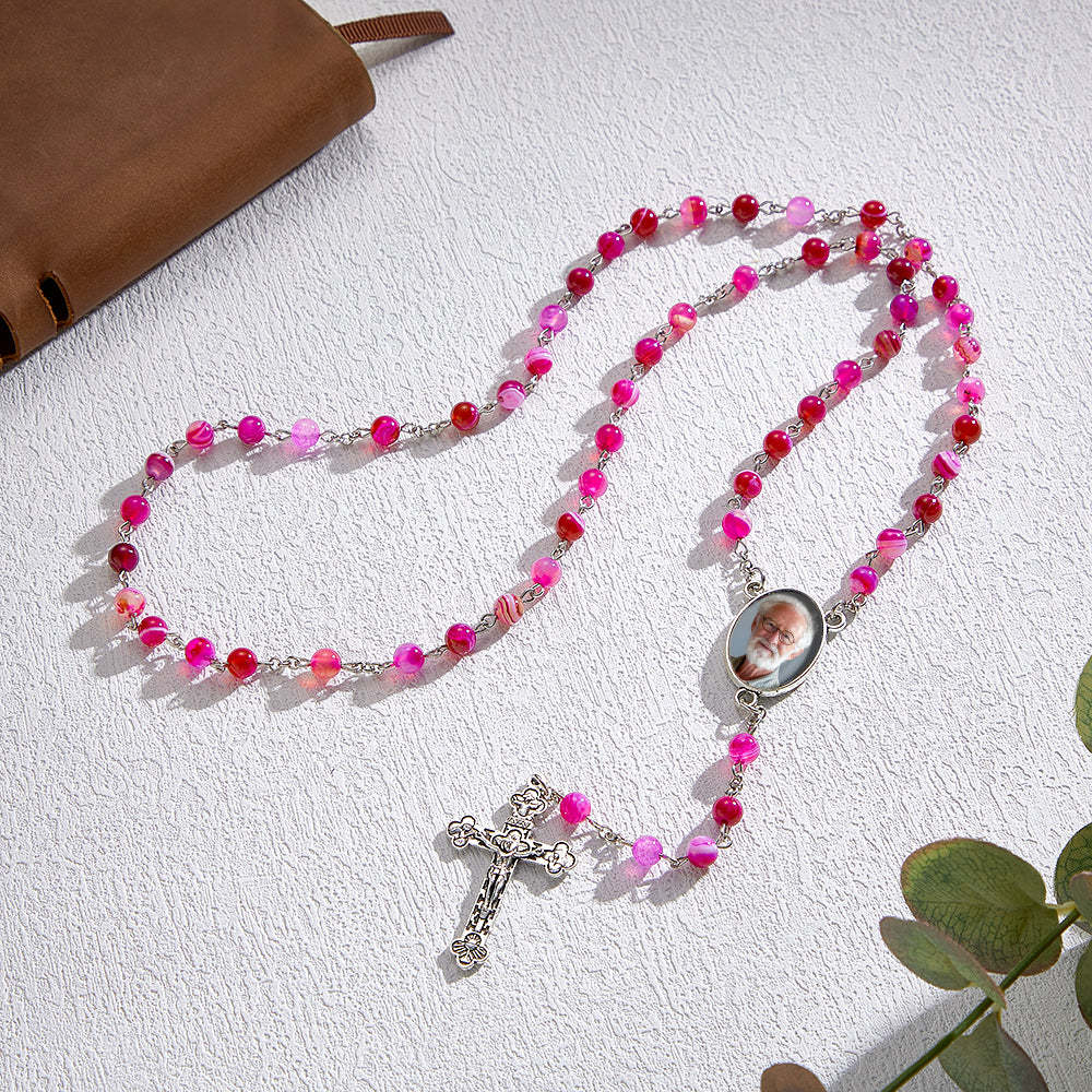 Custom Rosary Beads Cross Necklace Personalized Purple Agate Beads Necklace with Photo - soufeelmy