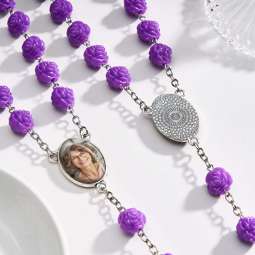 Custom Rosary Beads Cross Necklace Personalized Purple Double Sided Rose Necklace with Photo - soufeelmy