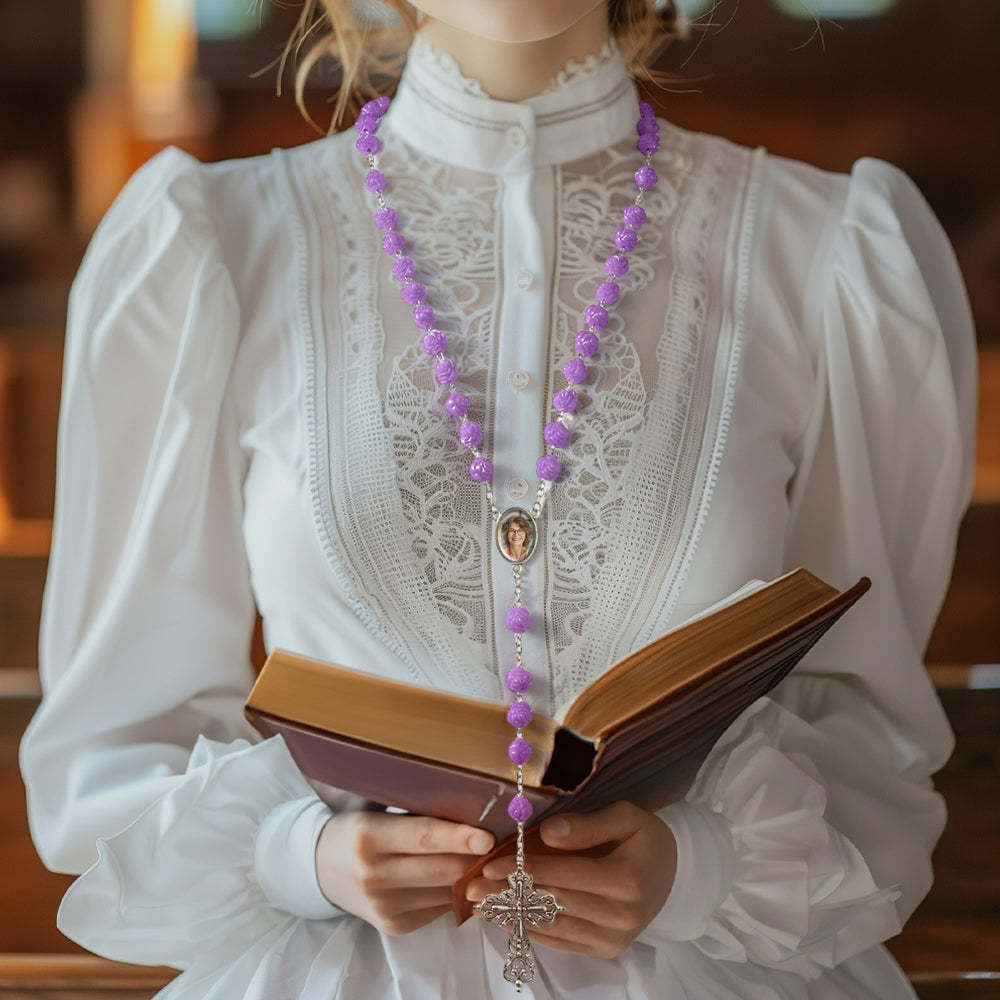 Custom Rosary Beads Cross Necklace Personalized Purple Double Sided Rose Necklace with Photo - soufeelmy