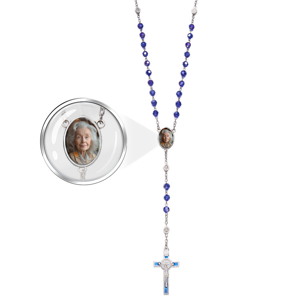 Custom Rosary Beads Cross Necklace Personalized Blue Crystal Necklace with Photo - soufeelmy