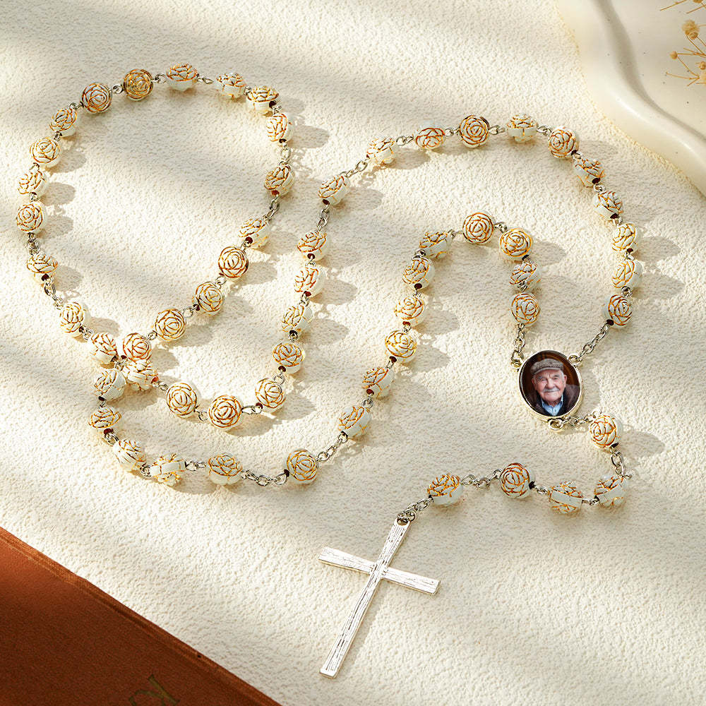Custom Rosary Beads Cross Necklace Personalized Golden Rose Beads Necklace with Photo - soufeelmy