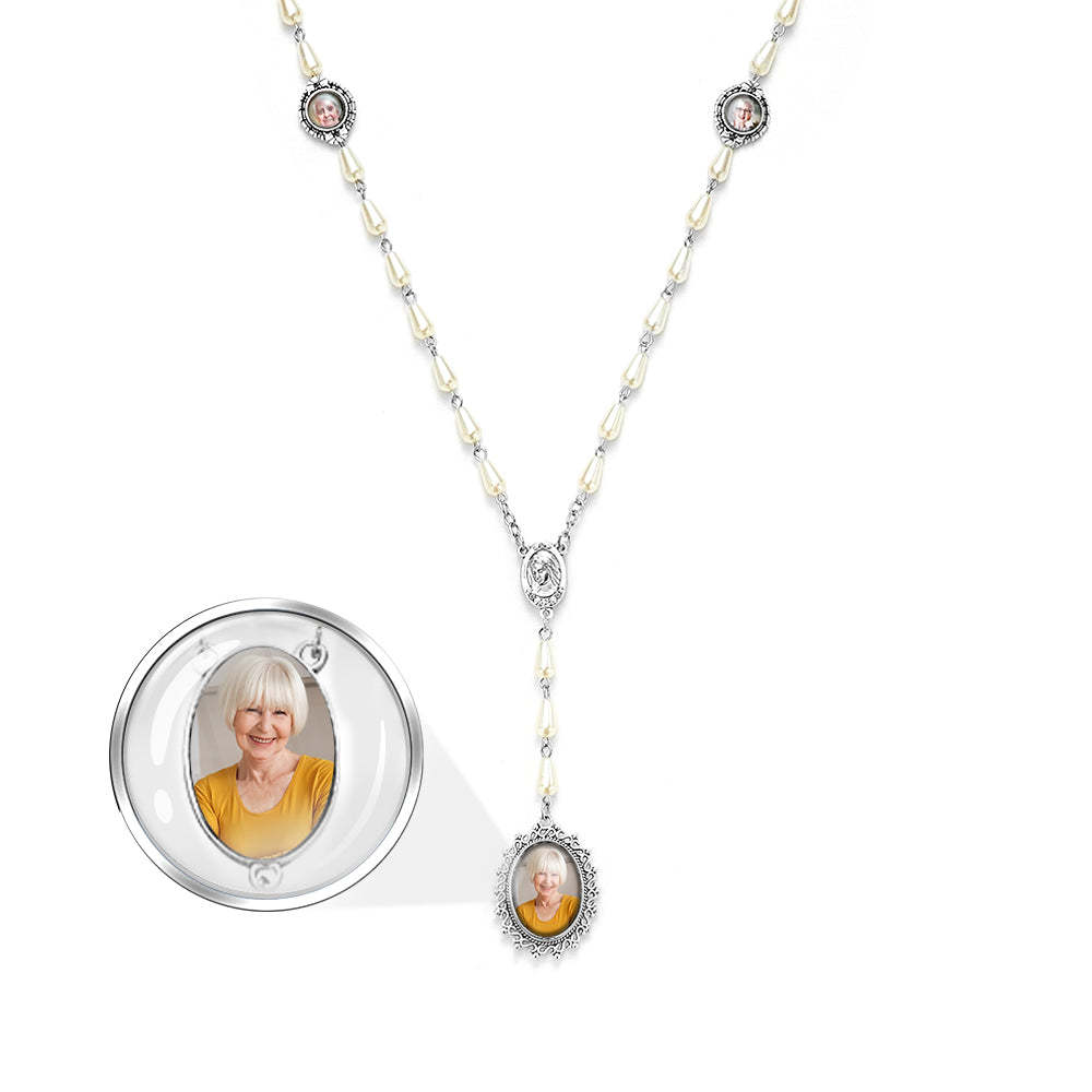 Custom Rosary Beads Cross Necklace Personalized Pearl Style Necklace with Photo - soufeelmy