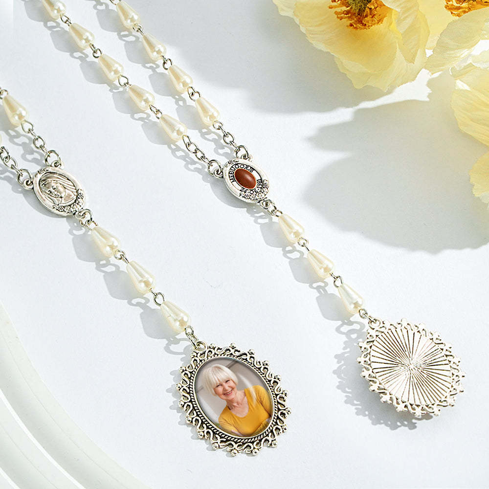 Custom Rosary Beads Cross Necklace Personalized Pearl Style Necklace with Photo - soufeelmy
