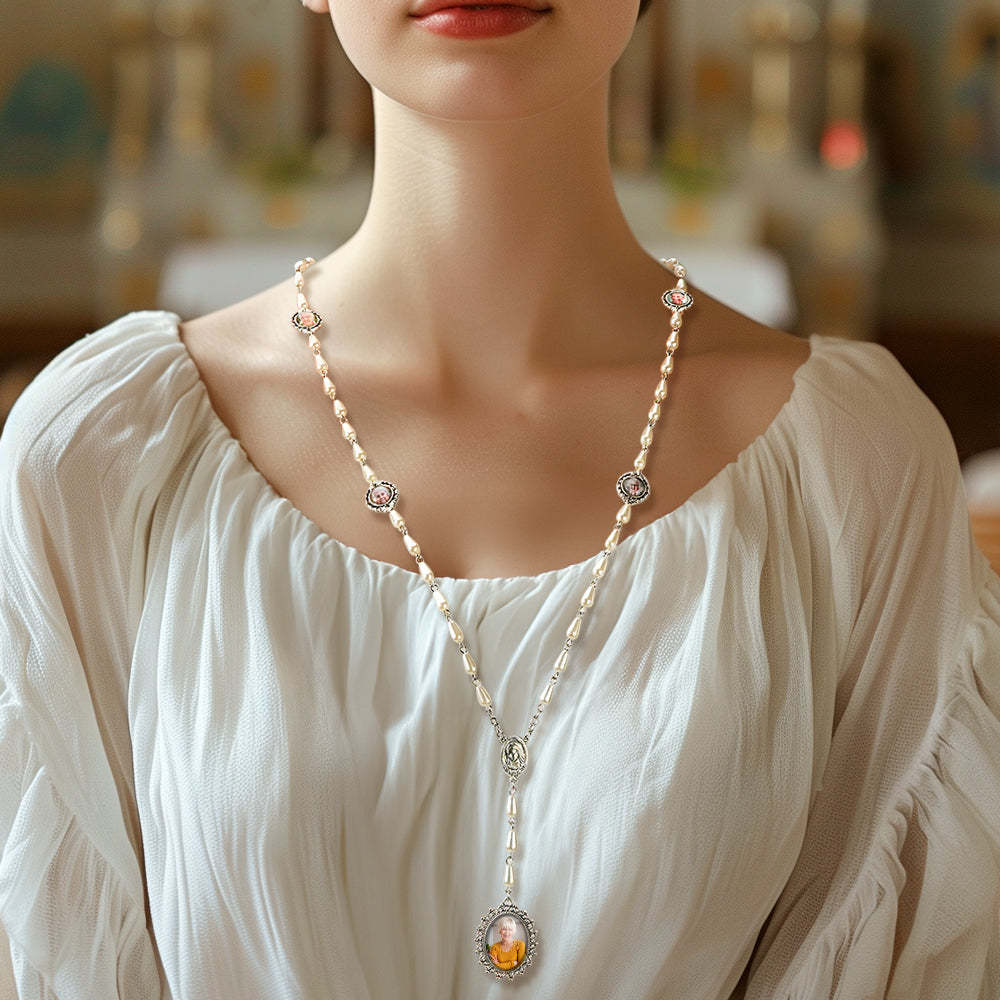 Custom Rosary Beads Cross Necklace Personalized Pearl Style Necklace with Photo - soufeelmy