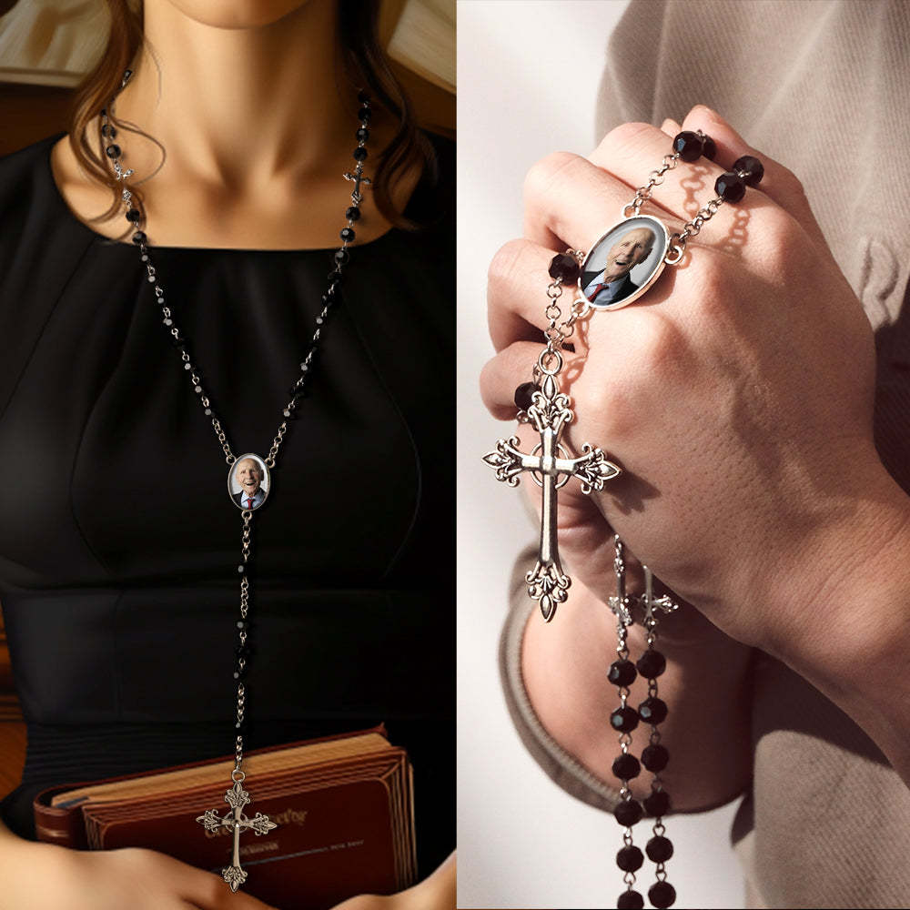 Custom Rosary Beads Cross Necklace Personalized Gothic Cross Necklace with Photo - soufeelmy