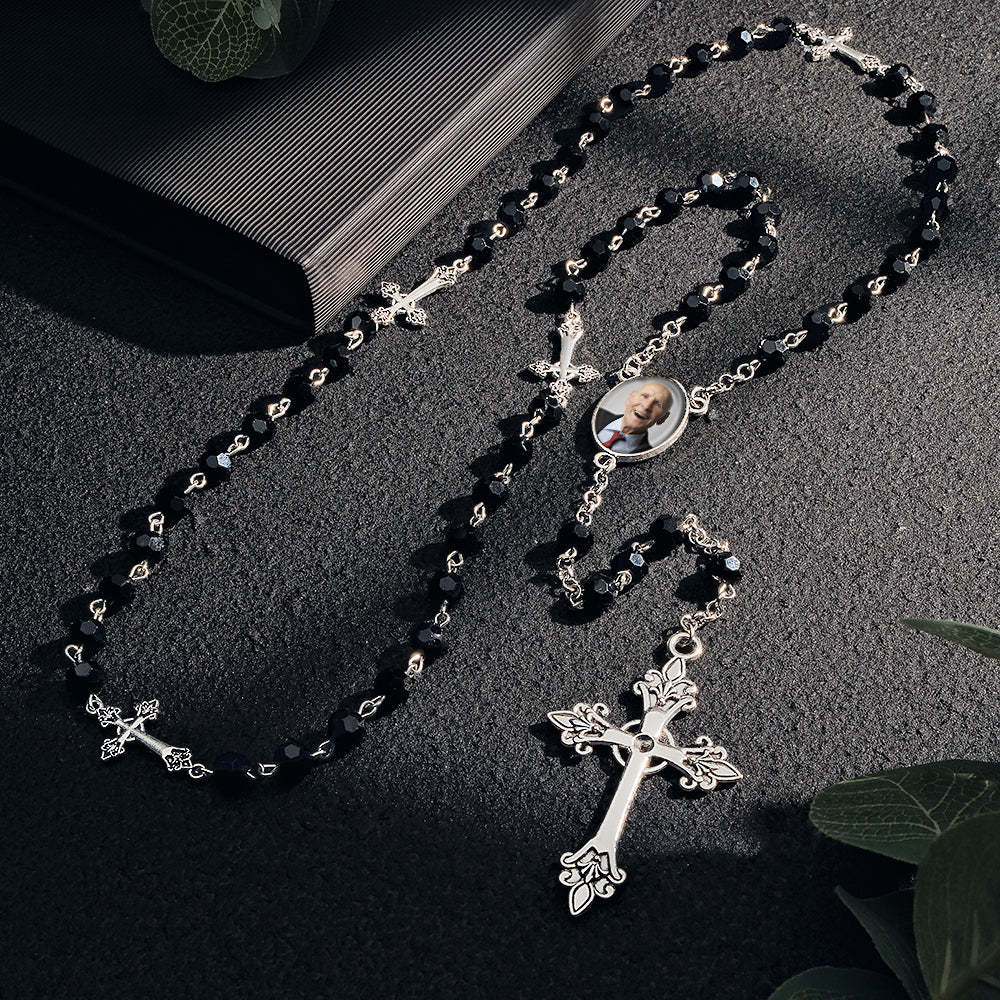 Custom Rosary Beads Cross Necklace Personalized Gothic Cross Necklace with Photo - soufeelmy