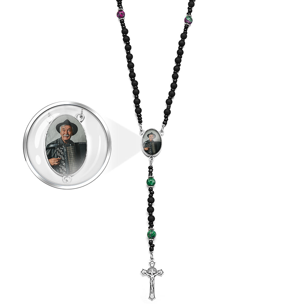 Custom Rosary Beads Cross Necklace Personalized Pattern Black Imitation Agate Necklace with Photo - soufeelmy