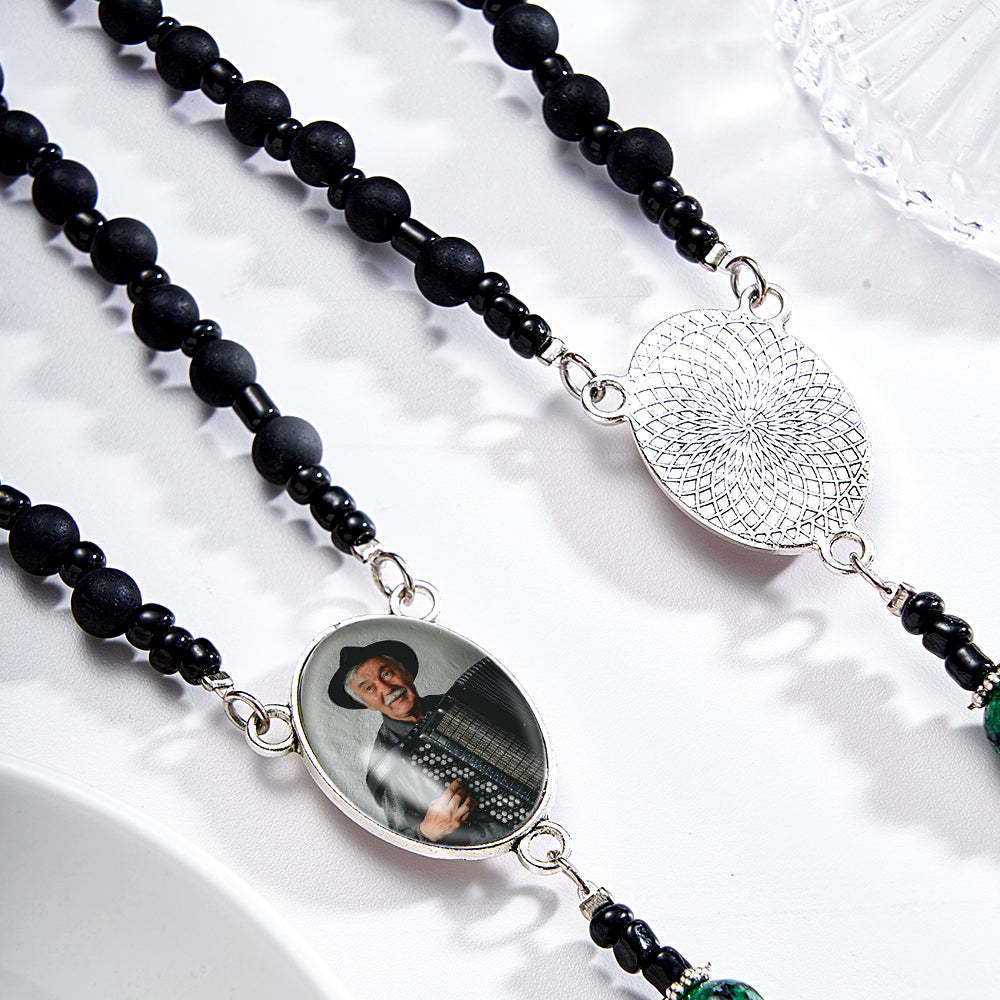 Custom Rosary Beads Cross Necklace Personalized Pattern Black Imitation Agate Necklace with Photo - soufeelmy