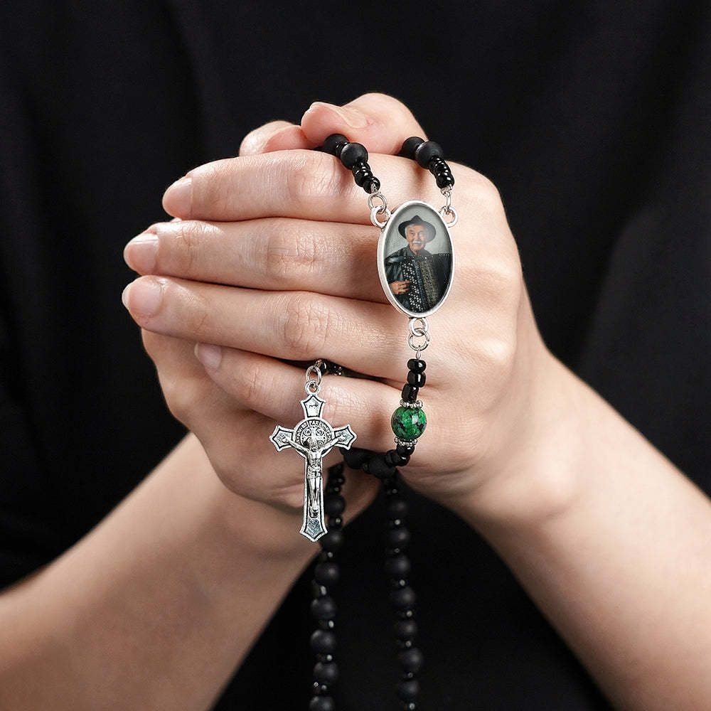 Custom Rosary Beads Cross Necklace Personalized Pattern Black Imitation Agate Necklace with Photo - soufeelmy