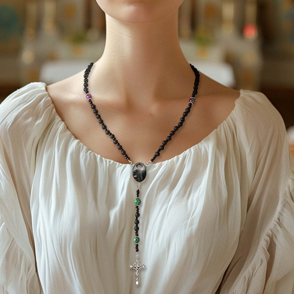 Custom Rosary Beads Cross Necklace Personalized Pattern Black Imitation Agate Necklace with Photo - soufeelmy